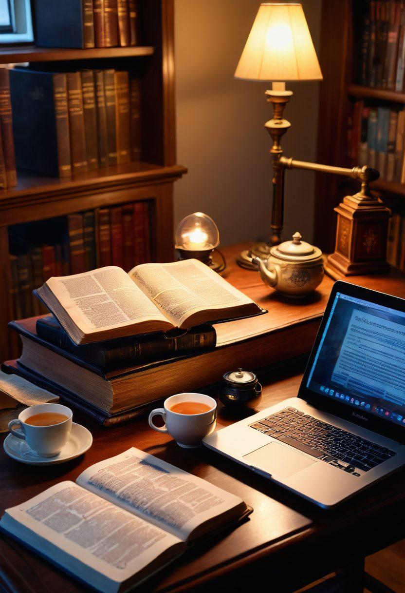 A serene study desk adorned with an open Bible, highlighted scripture verses, a laptop showing online Bible study tools, a steaming cup of tea, and a glowing lamp casting a warm light. Background hints of an ancient library intermingling with digital interfaces creating a blend of tradition and technology. super-realistic. vibrant colors. warm lighting.