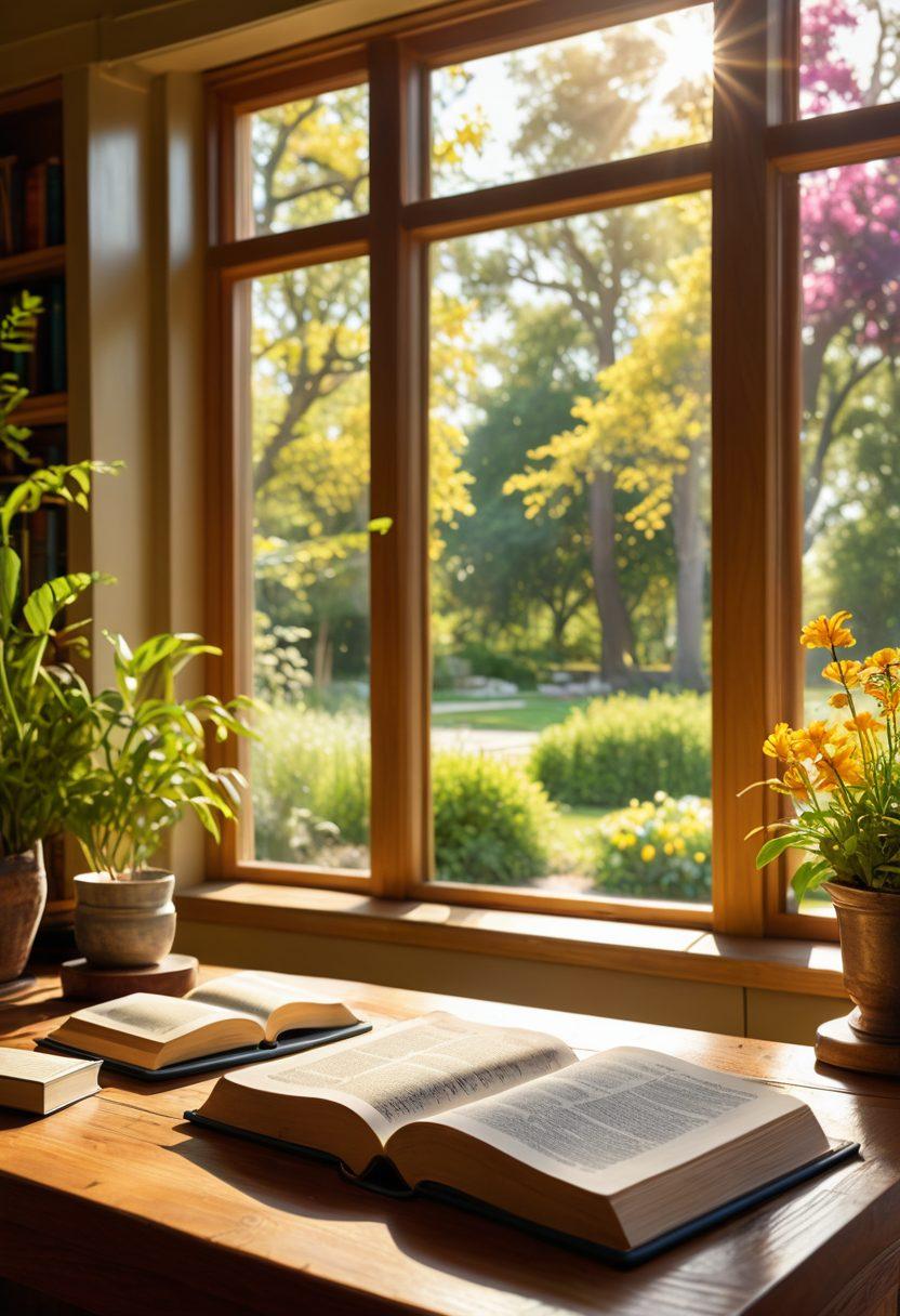A serene, sunlit library with an open Bible on a wooden table, surrounded by glowing digital devices like tablets and smartphones showing scripture study apps. Include a peaceful garden view through large windows in the background. Super-realistic. Vibrant colors. Calming atmosphere.